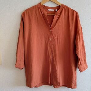 ユニクロ リネンブレンド 麻混 スキッパーシャツ 七分袖 Lサイズ オレンジ