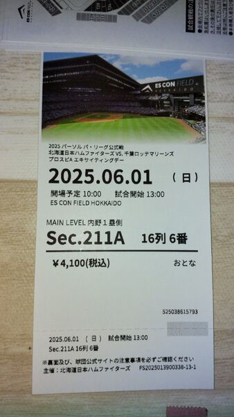 日本ハムvsロッテ 6/1 エスコンフィールド北海道 チケット