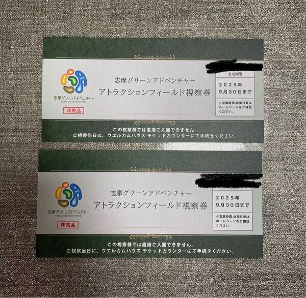 志摩グリーンアドベンチャー アトラクションフィールド視察券2枚セット 9月末まで有効