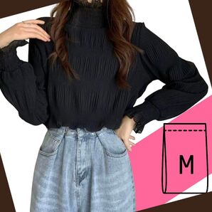 新品☆黒 M シフォンブラウス 長袖 シアートップス フリル袖 シースルー