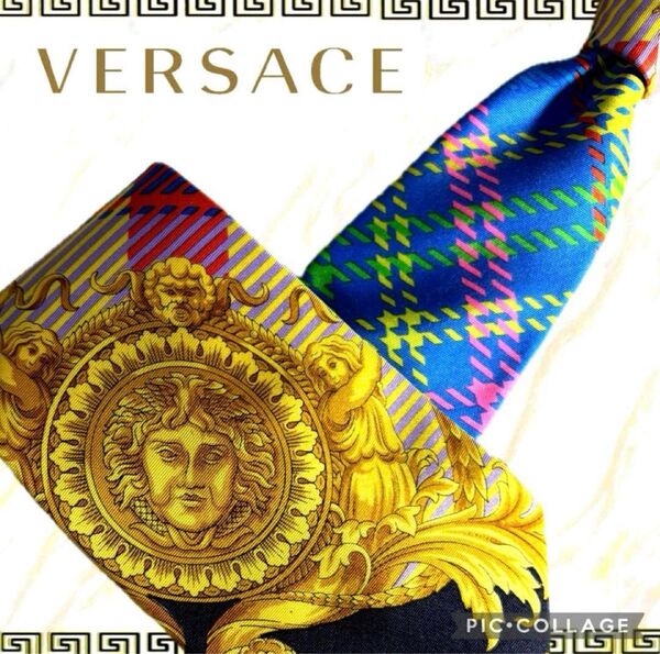 美品【GIANNI VERSACE】ネクタイ チェック メデューサ マルチカラー 総柄 イタリア製 シルクネクタイ