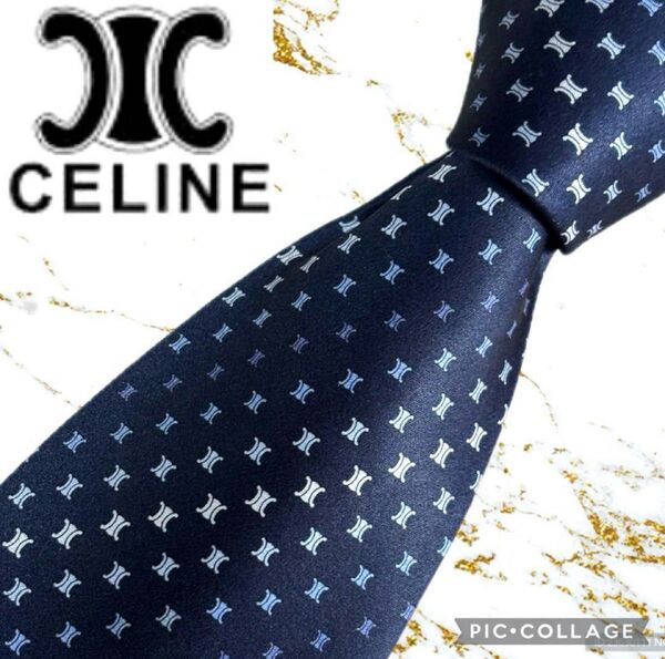 未使用級!CELINE セリーヌ ネクタイ トリオンフ柄 パターン柄 グラデーションカラー ネイビー ビジネス 希少デザイン
