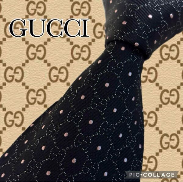 未使用級! GUCCI グッチ ネクタイ GGロゴ インターロッキング ブラック GG柄 ブラック