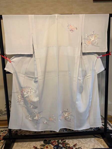夏着物・訪問着(正絹・未使用・一つ紋)友禅 絽 飛鶴花文 身丈154cm K-312