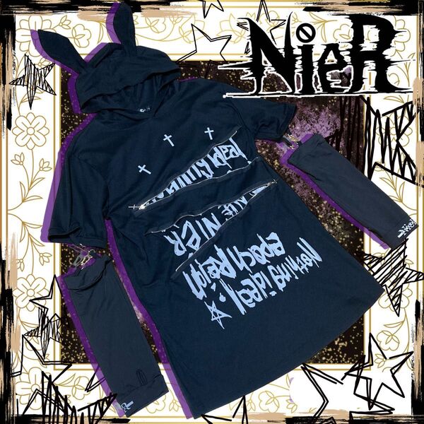 nier clothing/ニーア/ウサ耳フードアームカバー付パーカー/地雷系パンクロック/黒白/フリーサイズ/ユニセックスバニー