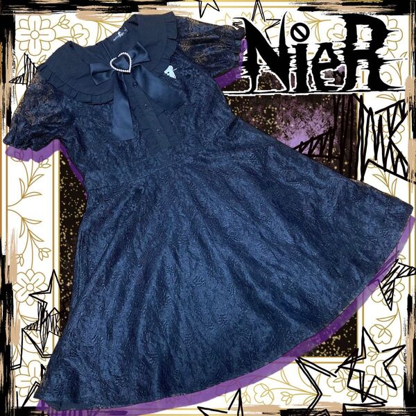 nier clothing/ハートリボン黒レース半袖ワンピース/パンク/量産型地雷系/ウサギ/レース生地/ブラック/夏服/イベント