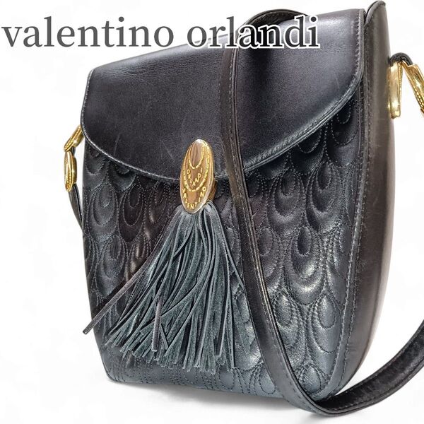【良品】ヴァレンティノ valentino orlandi ショルダーバッグ ミニショルダー ブラック フリンジ ゴールド金具