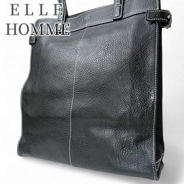 《美品》エルオム ELLEHOMME トートバッグ ハンドバッグ 肩掛け ビジネス 通勤通学 A4収納可 オールレザー ブラック