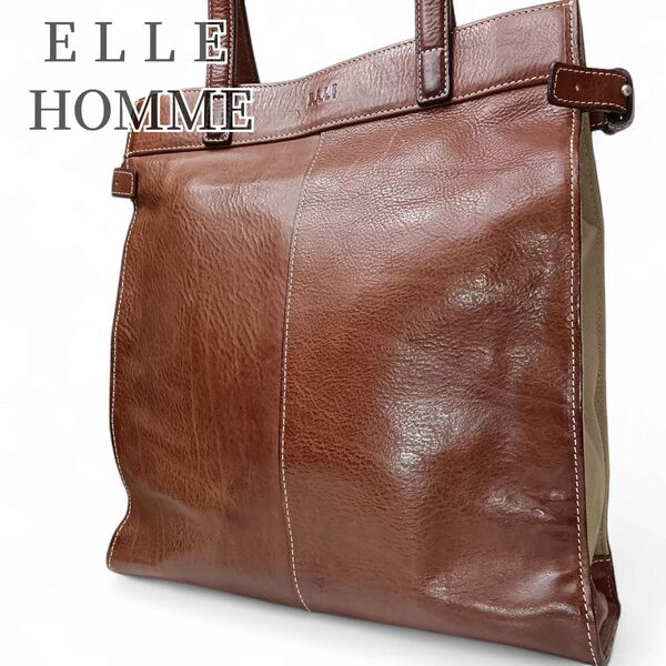 【美品】エルオム ELLEHOMME トートバッグ ハンドバッグ 肩掛け ビジネス 通勤通学 A4収納可 オールレザー ブラウン