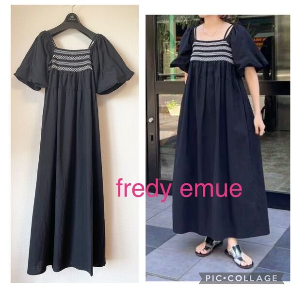 【新品】fredy emue フレディエミュ 2WAY スモッキング ワンピース オフショル バルーン袖 黒 ブラック ロング