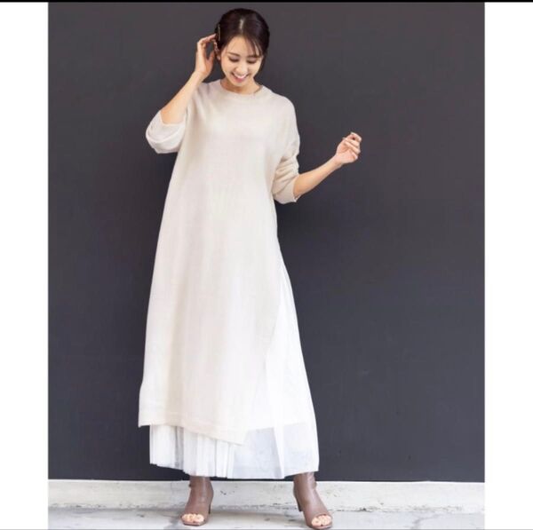 ニットワンピース アイボリー レディース サイドスリット ロング丈 クルーネック オーバーサイズ