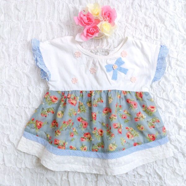 Souris 花柄トップス 80 女の子 ベビー服 リボン フラワー レース 夏