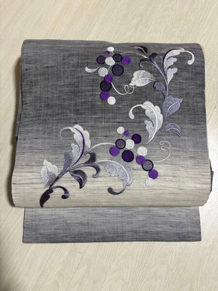 夏物 麻に刺繍の名古屋帯