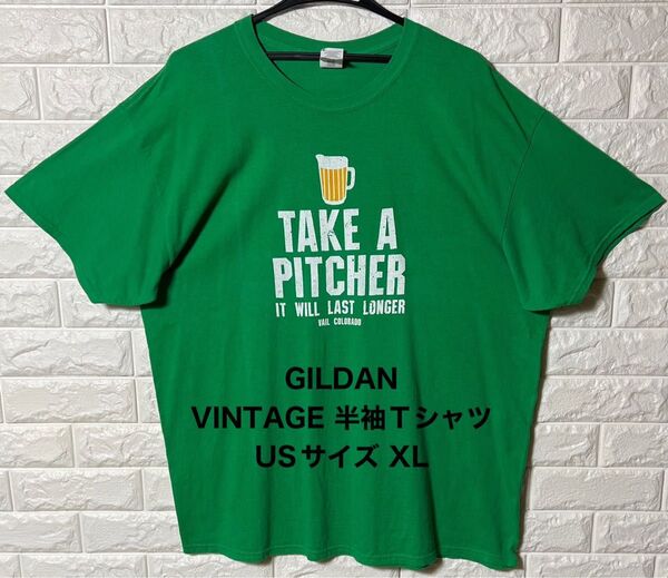 US古着 メンズ半袖Tシャツ GILDAN グリーン ビールプリント アメリカ古着 VINTAGE フロント文字プリント ギルダン