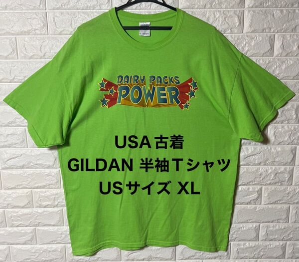 US古着 メンズ半袖Tシャツ GILDAN ライトグリーン XLサイズ アメリカ古着 フロントデザインプリント ユニーク ギルダン