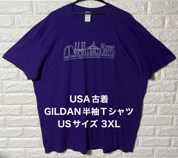USA古着 アメリカ古着 GILDAN 半袖Tシャツ 3XLサイズ パープル フロントデザインプリント バックプリント ギルダン