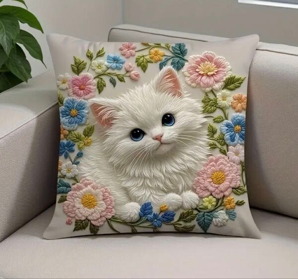 猫の刺繍柄クッションカバー 45cm×45cm