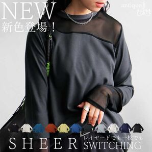 期間限定セール☆新品☆アンティカantiqua☆シアー切り替えトップス☆ダークグレー☆P plusサイズ☆新品未使用未開封☆