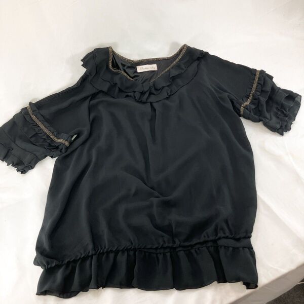 A-13【良品】jasha ruby チュニック 丸首 半袖シャツ ブラック フリル カットソー トップス ひざ丈 ワンピ