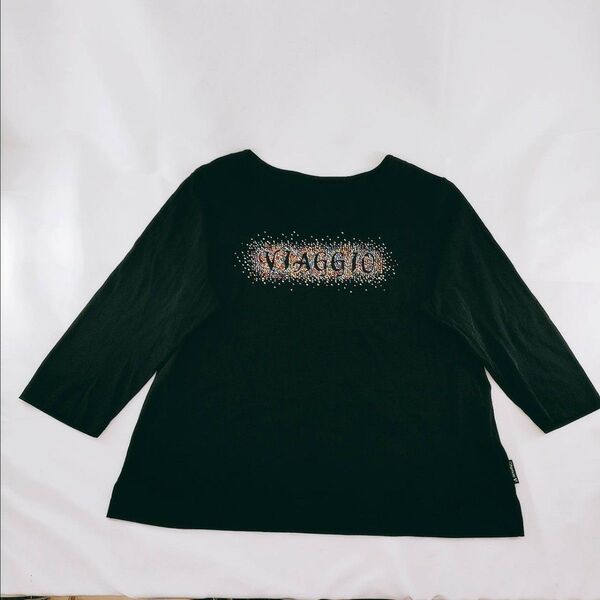 A-17【良品】 長袖Tシャツ ブラック ラインストーン カットソー ヴィンテージ トップス 古着 レトロ 黒