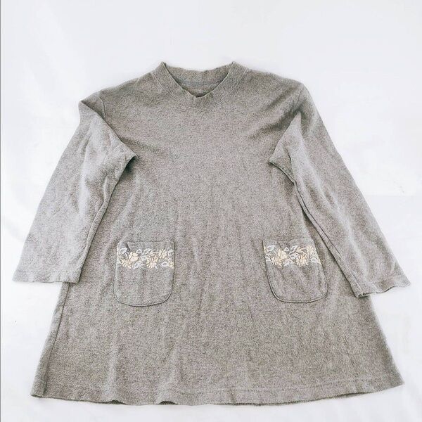 A-2 【良品】 ロング丈 半袖 チュニック グレー 丸首 花柄 膝丈 トップス 古着 レトロ ワンピース