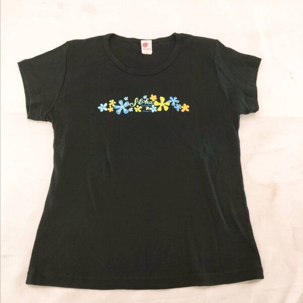 A-25【良品】Island Girl アイランドガール 半袖シャツ Tシャツ ブラック 花柄 トップス カットソー 古着