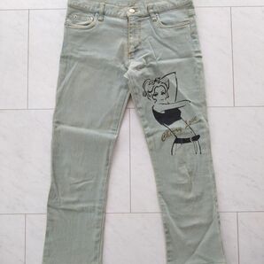 【値下げ】クロップドパンツ アンクルパンツ ストレートデニム イラスト付き ジーンズ デニム デニムパンツ ストレッチ パンツ