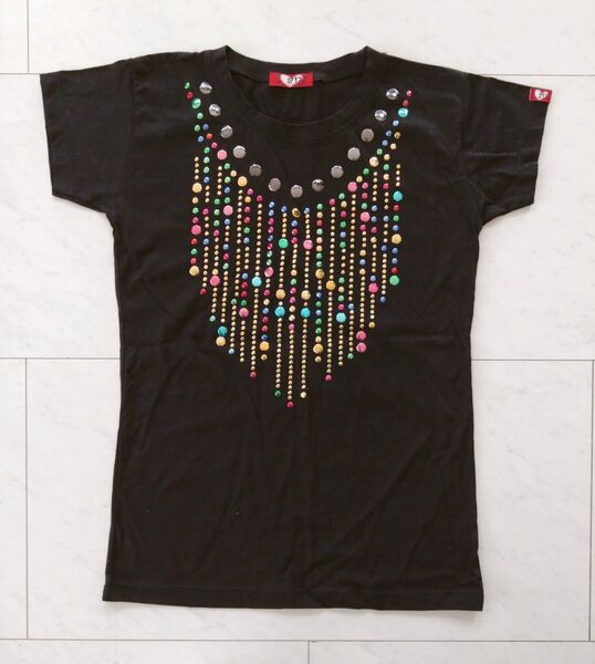 【新品】Y2K 00's スタッズ ビーズ装飾 黒 半袖Tシャツ Mサイズ Tシャツ 半袖 ブラック