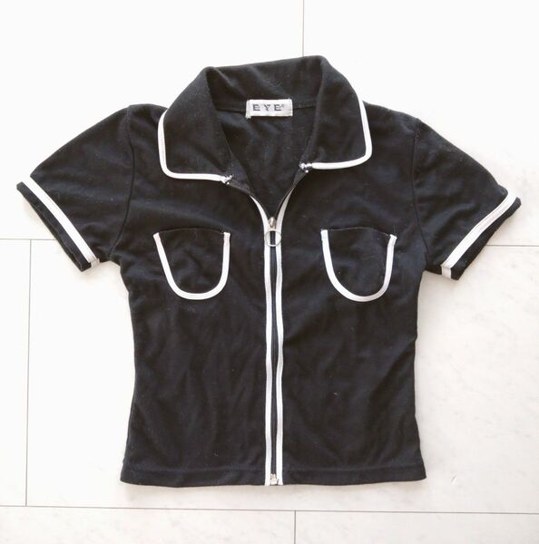 【値下げ】00s ジップアップTシャツ 黒 ジップアップ 半袖トップス Y2K