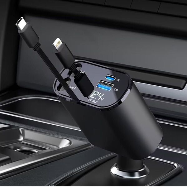 車 シガーソケット 充電器 USB 巻き取り式ケーブル2本 Type-C100W Lightning20W急速 カーチャージャー
