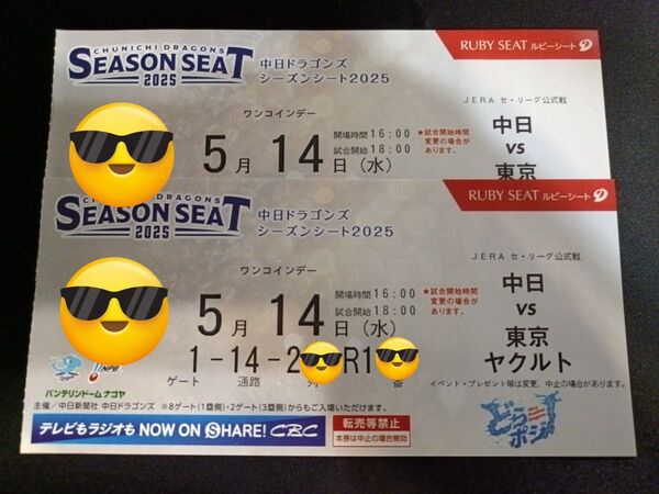 中日ドラゴンズ 5月14日 水曜日 18時 試合開始 ルビー シート ペアチケット 通路側から2席 バンテリンドーム