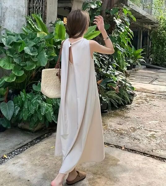 ワンピース ロングワンピース バックオープンカットソーワンピース 夏 ワンピース ポケット付 サマーワンピ