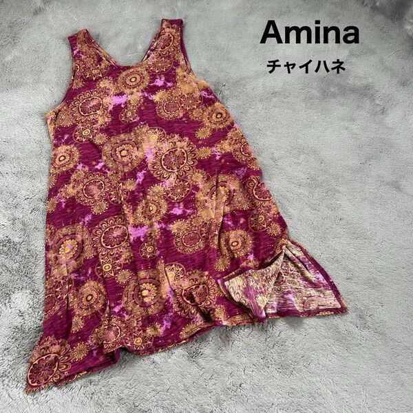 チャイハネ Amina ノースリーブワンピース 総柄ワンピース アジアン ノースリーブ 総柄 エスニック レッド