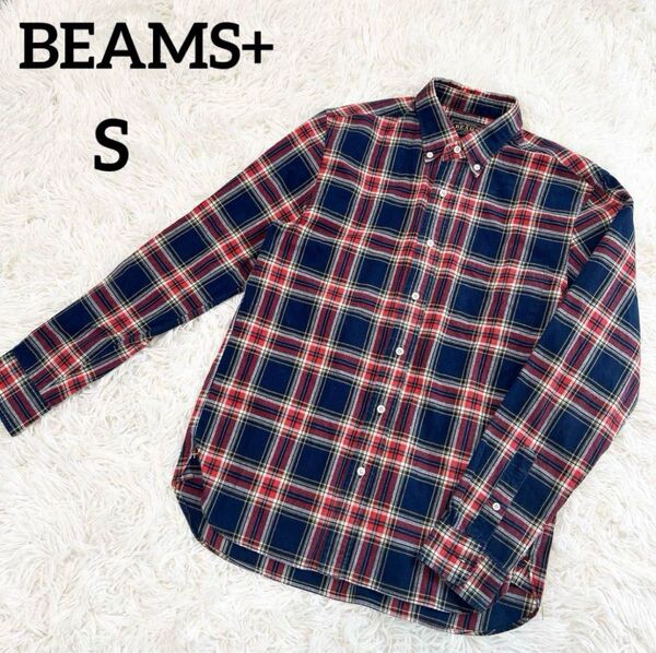 BEAMS+ ビームスプラス 人気 マドラスチェック 長袖シャツ S ネイビー レッド メンズ ワイシャツ カジュアルシャツ