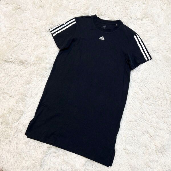 adidas アディダス 半袖 Tシャツ ワンピース 黒 ミニワンピ L レディース 韓国 ティーシャツ スリーストライプ