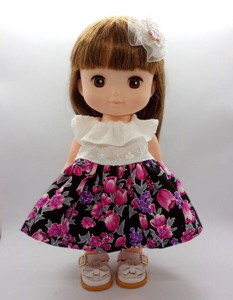 メルちゃん ソランちゃんサイズ ハンドメイド フリル襟のチューリップワンピースと髪飾り S5-85