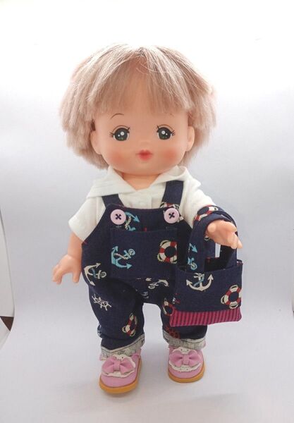 メルちゃん ソランちゃんサイズ ハンドメイド マリン柄のサロペット3点セット S5-93