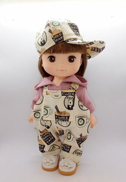 メルちゃん ソランちゃんサイズ ハンドメイド クマさんのカフェ柄のサロペット3点セット S5-94