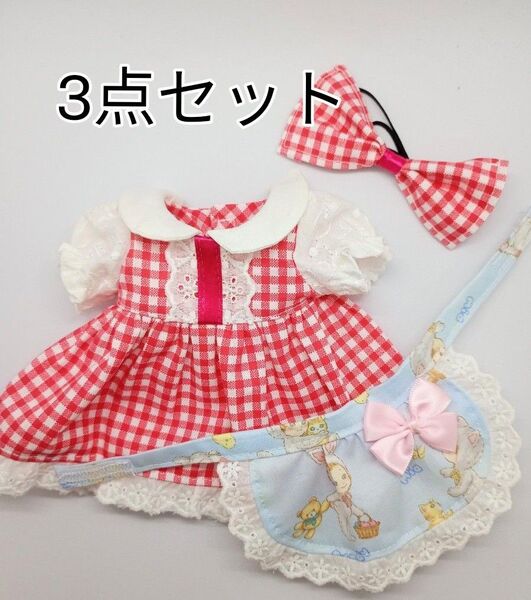 メルちゃん ソランちゃんサイズ ハンドメイド 赤のギンガムチェックワンピース&エプロン&リボン S5-71