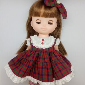 メルちゃん ソランちゃんサイズ ハンドメイド 赤と青と緑のチェックワンピース&髪飾り S5-91