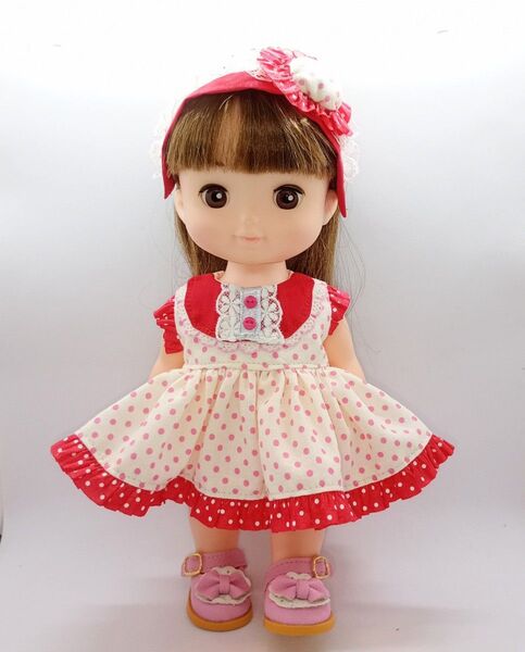 メルちゃん ソランちゃんサイズ ハンドメイド ドットのフリルワンピース&髪飾り S5-92