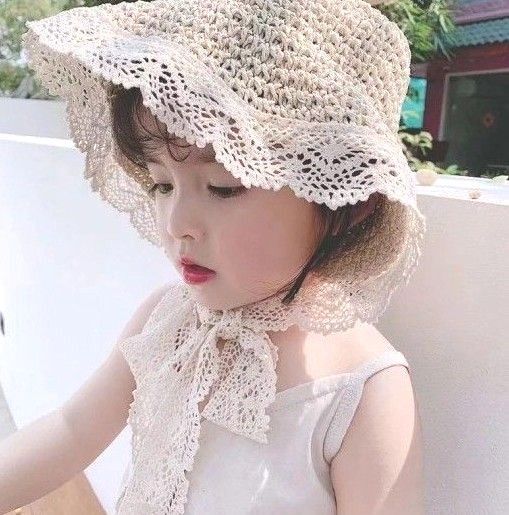 女の子 麦わら帽子 レース付き ベージュ