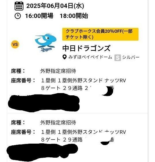 6/4ソフトバンクホークスvs中日ドラゴンズ戦 外野指定席通路側ペア