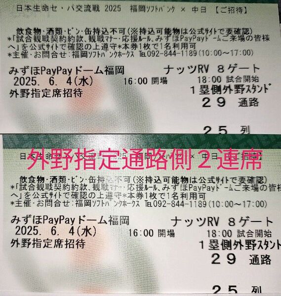 6/4ソフトバンクホークスvs中日ドラゴンズ戦 外野指定席通路側ペア