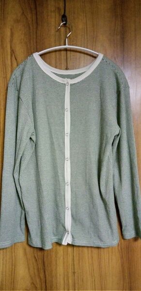 【しまむら deauful / ディアフル】レディース長袖 丸首 カットソーカーディガン Lサイズ グリーン×オフホワイト