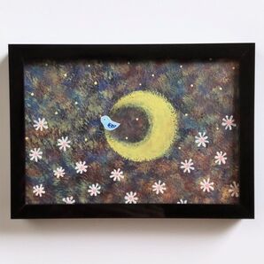 絵画 原画『花咲く月夜に』額付き 一点物 アクリル画 月 花 鳥