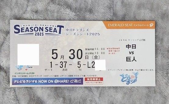 5月30日 中日対巨人 エメラルドシート