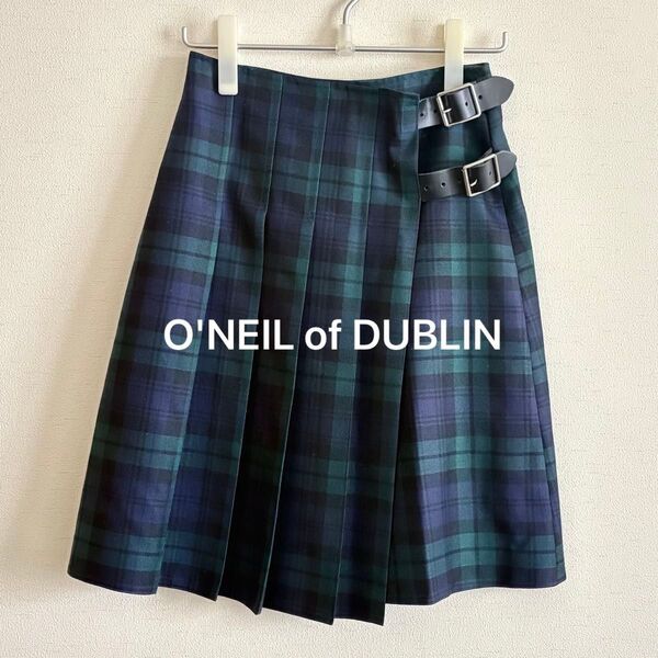 【O'NEIL of DUBLIN】オニールオブダブリンのグリーン系タータンチェック ベルト付き 膝丈巻きスカート
