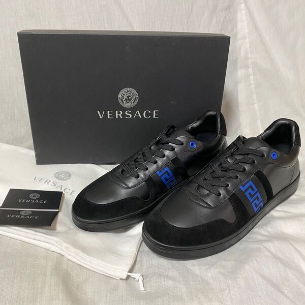 新品 本物 正規品 VERSACE メンズ レザー スニーカー 黒 グレカ ブラック