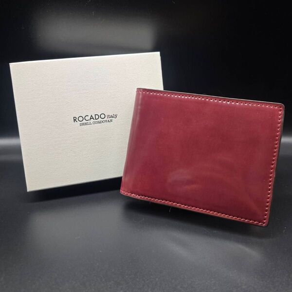 【未使用品】ROCADO社製 ロカド シェルコードバン 二つ折り 財布 ウォレット コンパクト 馬革 ワインレッド 匿名発送